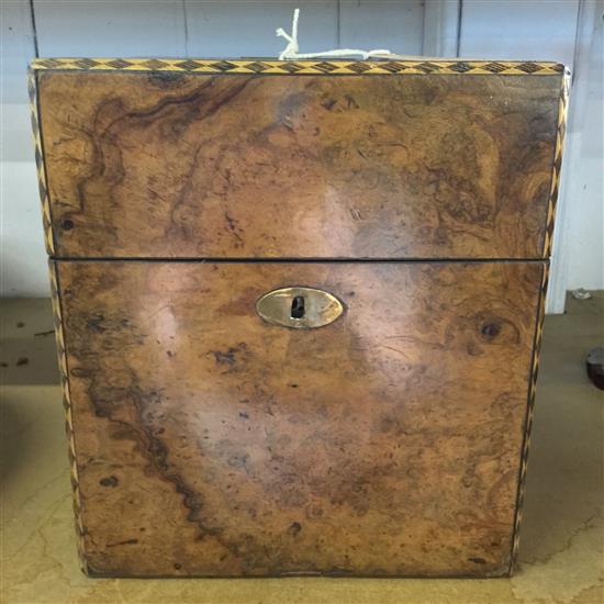 Walnut brass-bound decanter box with a pair of etched Bohemian decanters